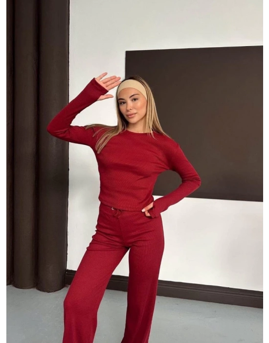 Kadın Bisiklet Yaka Parmak Geçme Detay Uzun Kollu Bluz Ve Pantolon Ikili Takım