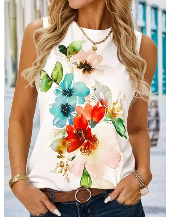 Kadın Bisiklet Yaka Sıfır Kol Renkli çiçek Baskılı Süprem Bluz