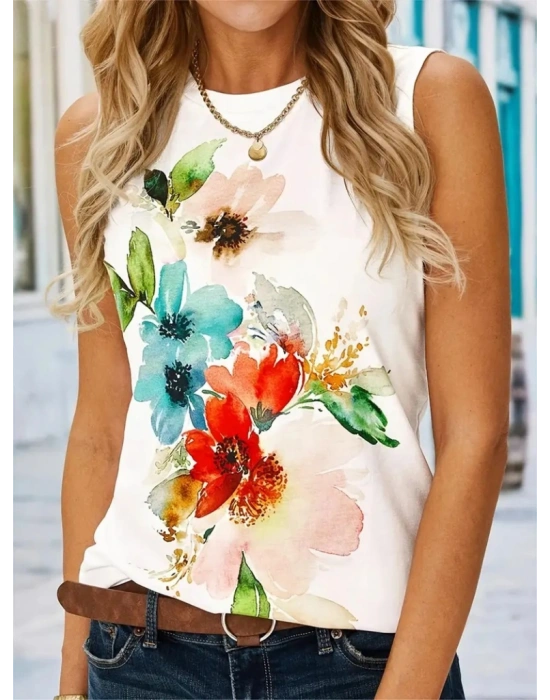 Kadın Bisiklet Yaka Sıfır Kol Renkli çiçek Baskılı Süprem Bluz