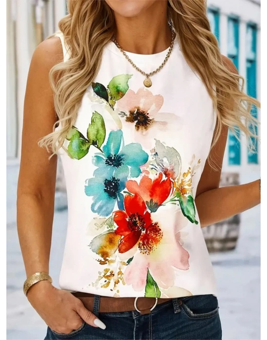 Kadın Bisiklet Yaka Sıfır Kol Renkli çiçek Baskılı Süprem Bluz