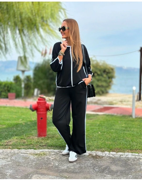 Kadın Bisiklet Yaka Truvakar Kol Biye Detay Bluz Ve Yüksek Bel Lastikli Pantolon Ikili Takım