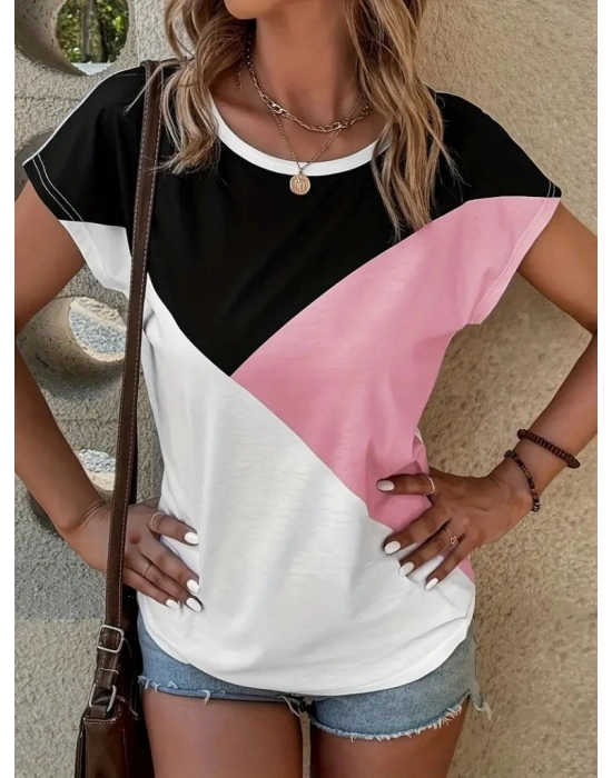 Kadın Bisiklet Yaka üç Renk Viskon Tshirt