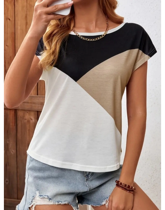 Kadın Bisiklet Yaka üç Renk Viskon Tshirt