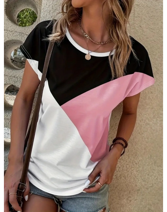 Kadın Bisiklet Yaka üç Renk Viskon Tshirt