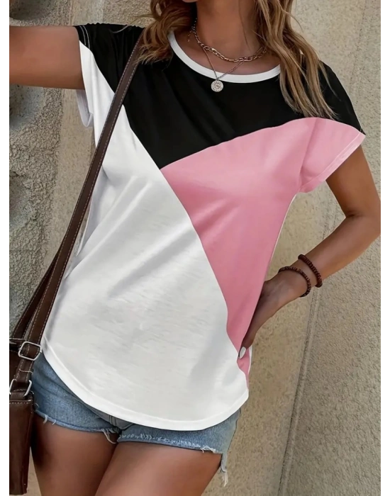 Kadın Bisiklet Yaka üç Renk Viskon Tshirt