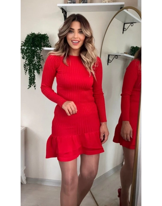 Kadın Bisiklet Yaka Uzun Kol Etek Ucu Fırfırlı Triko Mini Boy Elbise