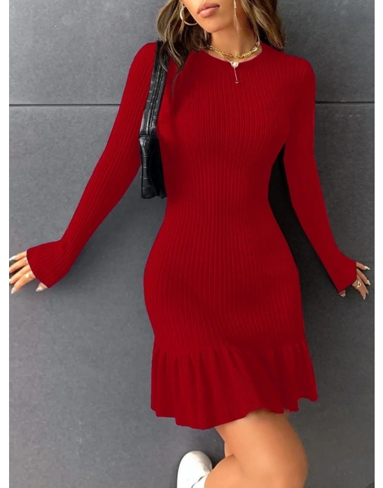 Kadın Bisiklet Yaka Uzun Kol Etek Ucu Fırfırlı Triko Mini Boy Elbise