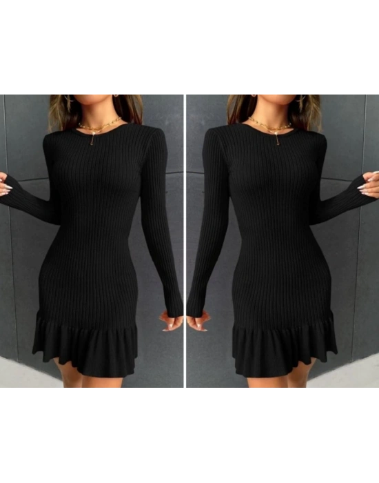 Kadın Bisiklet Yaka Uzun Kol Etek Ucu Fırfırlı Triko Mini Boy Elbise