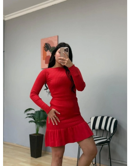 Kadın Bisiklet Yaka Uzun Kol Etek Ucu Fırfırlı Triko (polyenit) Mini Boy Elbise