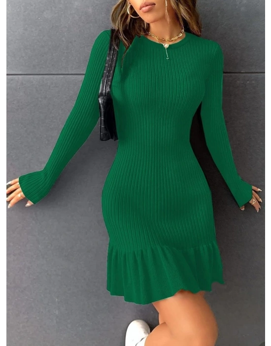 Kadın Bisiklet Yaka Uzun Kol Etek Ucu Fırfırlı Triko (polyenit) Mini Boy Elbise