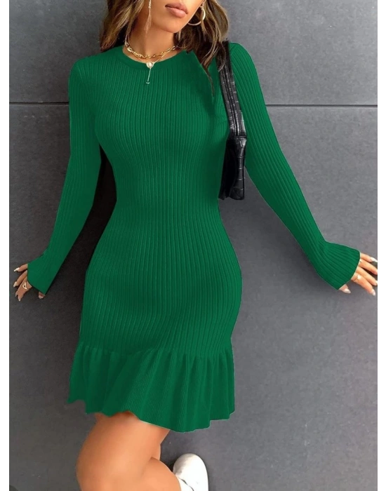 Kadın Bisiklet Yaka Uzun Kol Etek Ucu Fırfırlı Triko (polyenit) Mini Boy Elbise