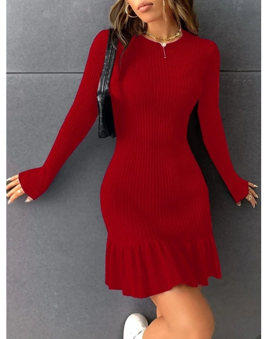 Kadın Bisiklet Yaka Uzun Kol Etek Ucu Fırfırlı Triko (polyenit) Yılbaşı özel Mini Boy Elbise