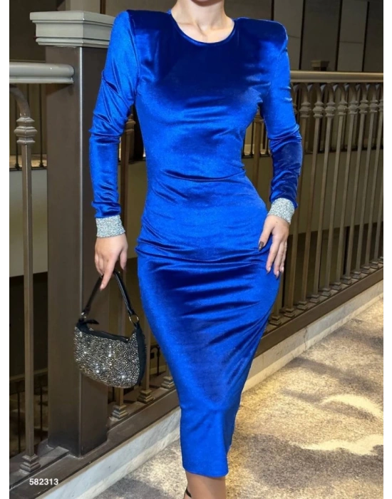 Kadın Bisiklet Yaka Vatkalı anşet Detay Kadife Kumaş idi Boy Elbise