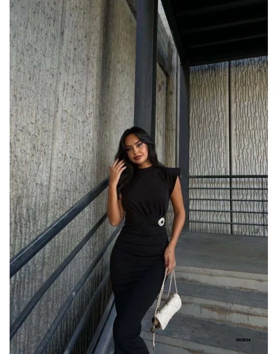 Kadın Bisiklet Yaka Vatkalı Broş Detay Kısa Kol Midi Boy Elbise