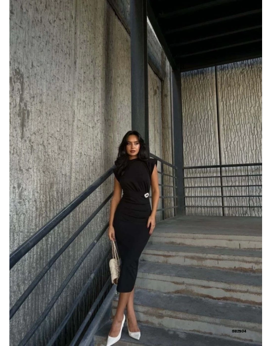 Kadın Bisiklet Yaka Vatkalı Broş Detay Kısa Kol Midi Boy Elbise