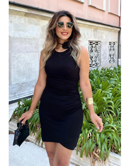 Kadın Bisiklet Yaka Yandan Büzgülü önden çapraz Detay Viskon Kısa Elbise