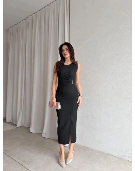 Kadin Bisiklet Yaka Yandanda Kulplu Yirtmac Detay axi Boy Elbise