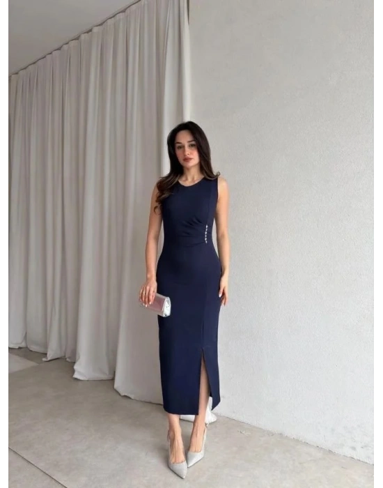 Kadin Bisiklet Yaka Yandanda Kulplu Yirtmac Detay axi Boy Elbise