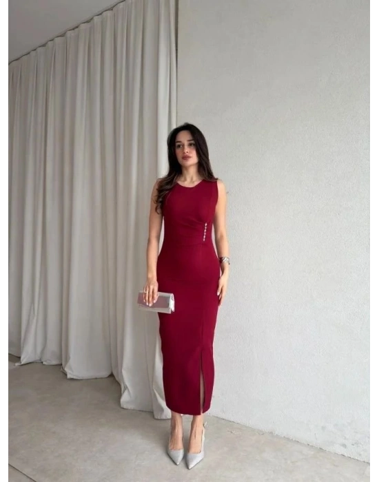 Kadin Bisiklet Yaka Yandanda Kulplu Yirtmac Detay axi Boy Elbise