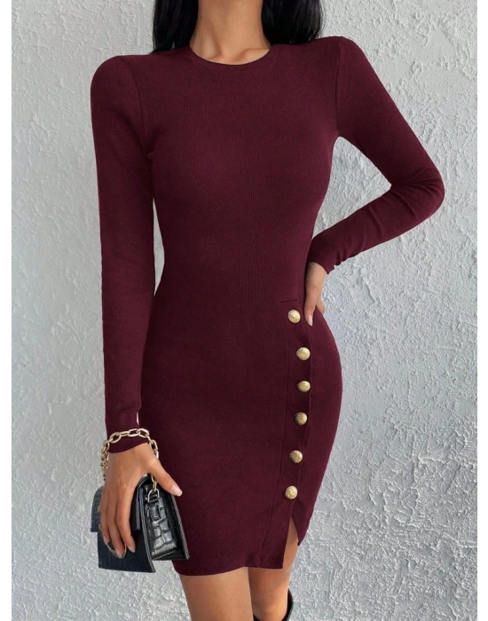 Kadın Bordo Uzun Kollu Bisiklet Yaka Yan Yırtmaç Düğme Detay Kısa Kaşkorse Elbise