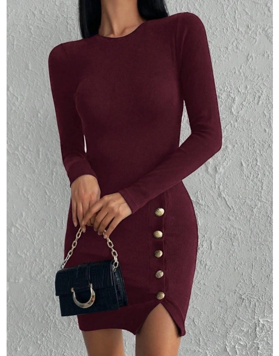 Kadın Bordo Uzun Kollu Bisiklet Yaka Yan Yırtmaç Düğme Detay Kısa Kaşkorse Elbise