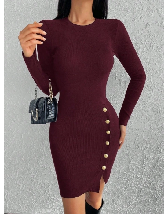 Kadın Bordo Uzun Kollu Bisiklet Yaka Yan Yırtmaç Düğme Detay Kısa Kaşkorse Elbise