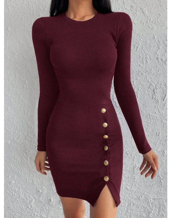 Kadın Bordo Uzun Kollu Bisiklet Yaka Yan Yırtmaç Düğme Detay Kısa Kaşkorse Elbise