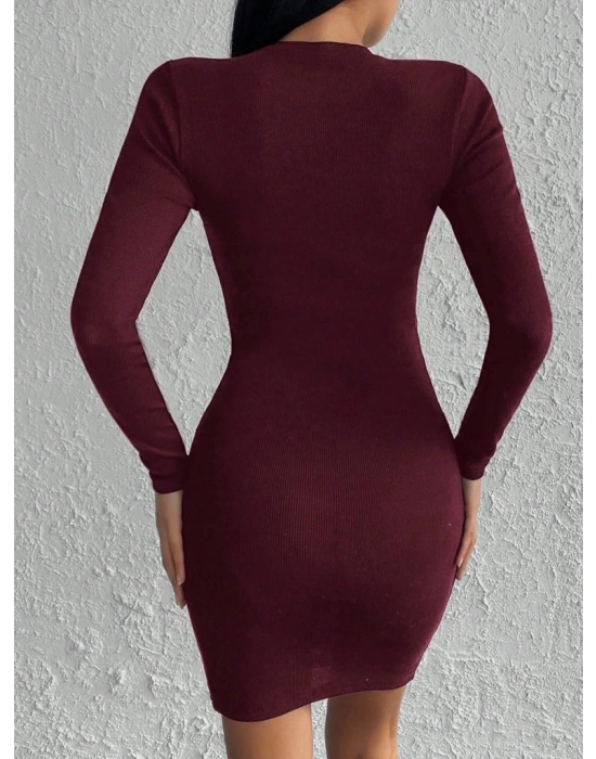Kadın Bordo Uzun Kollu Bisiklet Yaka Yan Yırtmaç Düğme Detay Kısa Kaşkorse Elbise