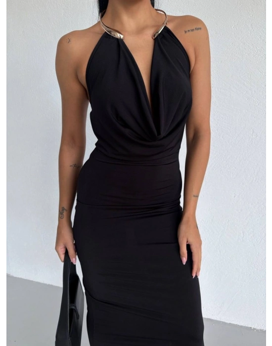 Kadın Boyun Aksesuarlı Halter Yaka axi Boy andy Kumaş Elbise