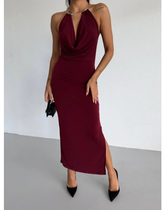 Kadın Boyun Aksesuarlı Halter Yaka axi Boy Sandy Kumaş Elbise