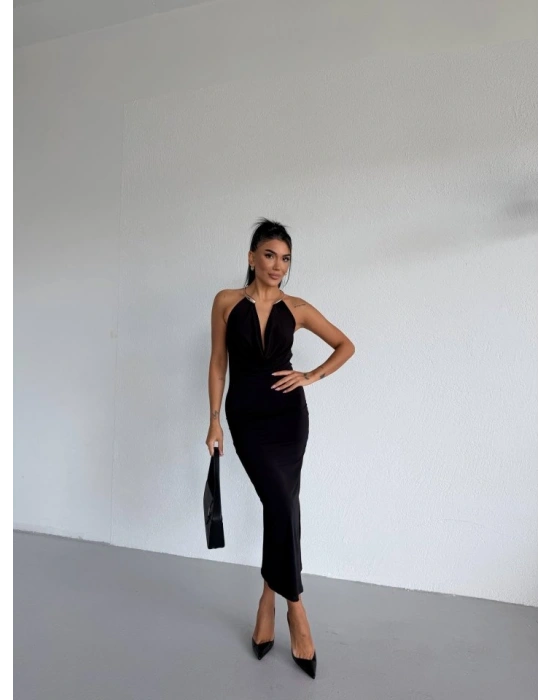 Kadın Boyun Aksesuarlı Halter Yaka axi Boy andy Kumaş Elbise