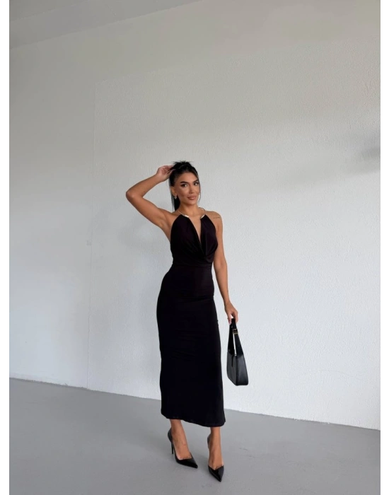 Kadın Boyun Aksesuarlı Halter Yaka axi Boy andy Kumaş Elbise