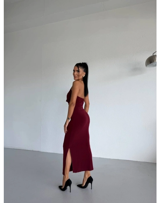 Kadın Boyun Aksesuarlı Halter Yaka axi Boy Sandy Kumaş Elbise