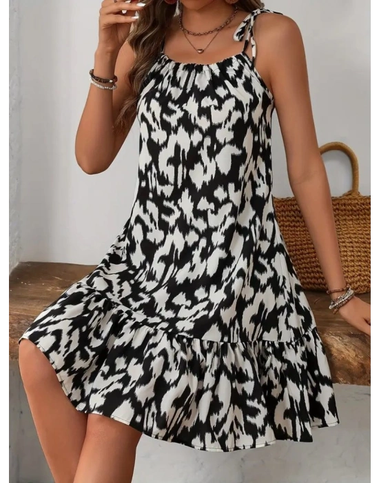 Kadın Boyundan Askılı Desenli Fırfırlı Süprem Elbise