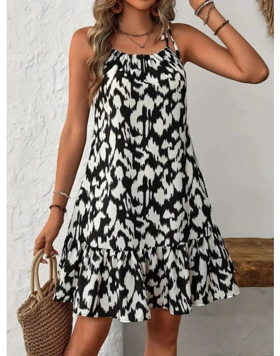 Kadın Boyundan Askılı Desenli Fırfırlı Süprem Elbise