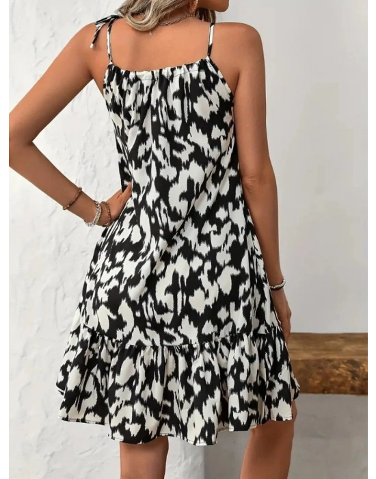 Kadın Boyundan Askılı Desenli Fırfırlı Süprem Elbise