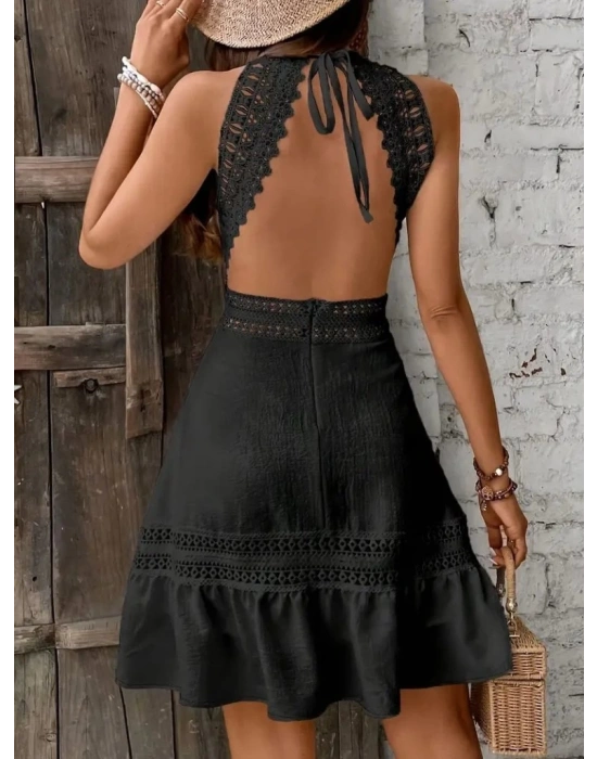 Kadın Boyundan Askılı Sırtı Açık Dantel Detaylı Kısa Kiloş Bürümcük Elbise