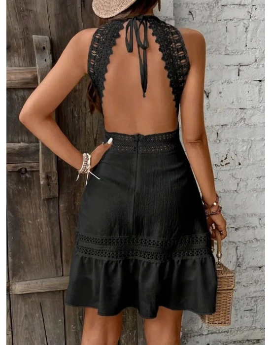 Kadın Boyundan Askılı Sırtı Açık Dantel Detaylı Kısa Kiloş Bürümcük Elbise