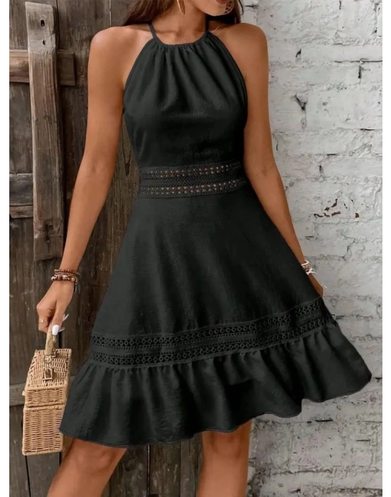 Kadın Boyundan Askılı Sırtı Açık Dantel Detaylı Kısa Kiloş Bürümcük Elbise