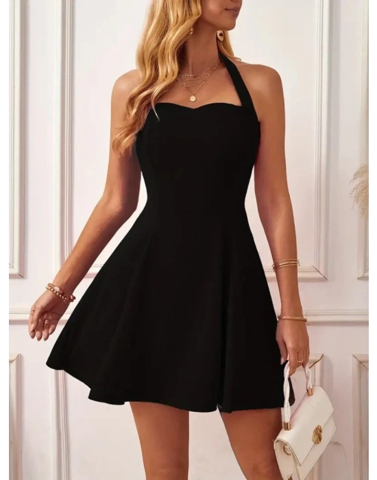 Kadın Boyundan Askılı Sırtı Açık Ithal Krep Mini Elbise