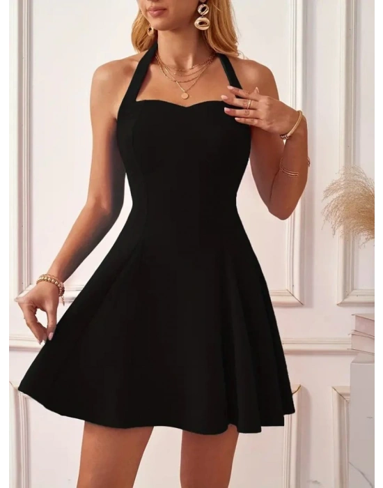 Kadın Boyundan Askılı Sırtı Açık Ithal Krep Mini Elbise