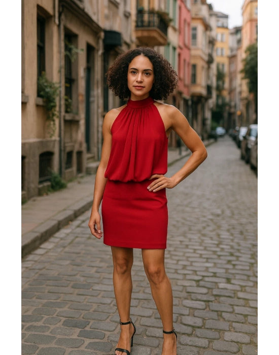 Kadın Boyundan Bağlamalı Şifonlu Kolsuz Fırsat Ürün Diz Üstü Elbise