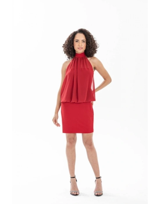 Kadın Boyundan Bağlamalı Şifonlu Kolsuz Fırsat Ürün Diz Üstü Elbise