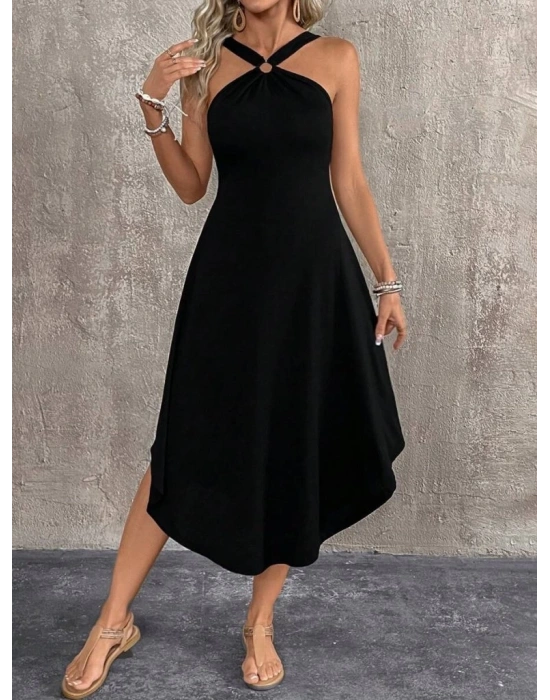 Kadın Boyundan çapraz Askılı Halka Detaylı Asimetrik Kesim Viskon Elbise