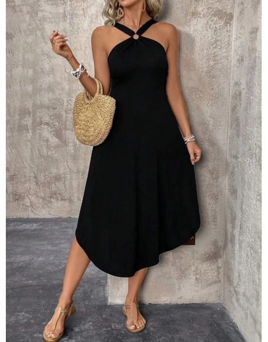 Kadın Boyundan çapraz Askılı Halka Detaylı Asimetrik Kesim Viskon Elbise