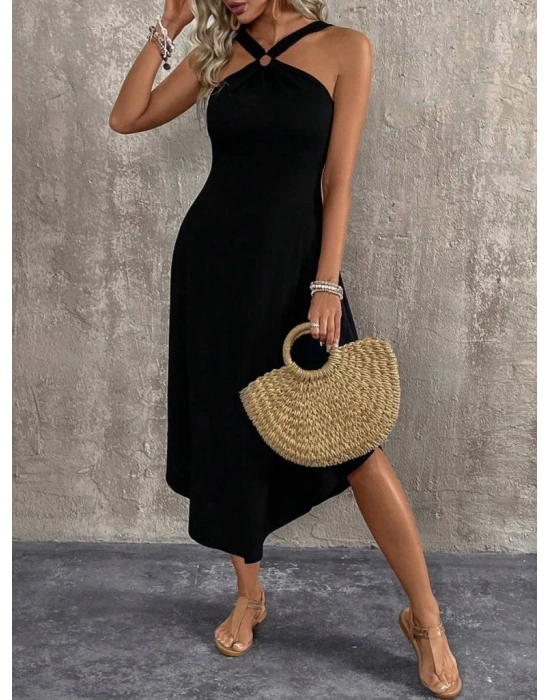 Kadın Boyundan çapraz Askılı Halka Detaylı Asimetrik Kesim Viskon Elbise