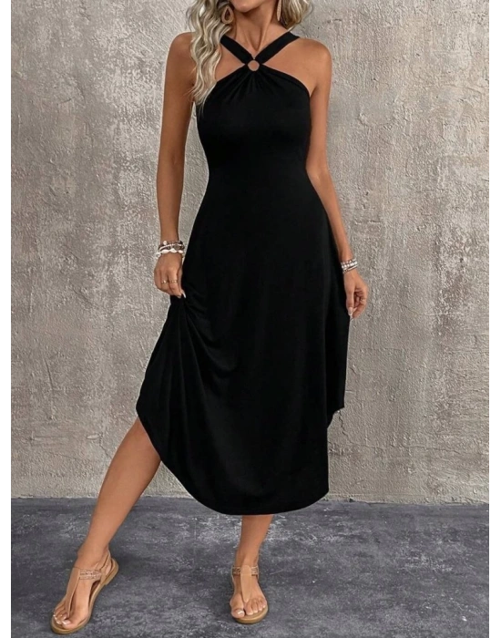 Kadın Boyundan çapraz Askılı Halka Detaylı Asimetrik Kesim Viskon Elbise