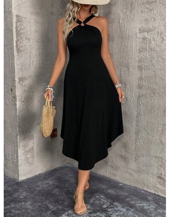 Kadın Boyundan çapraz Askılı Halka Detaylı Asimetrik Kesim Viskon Elbise