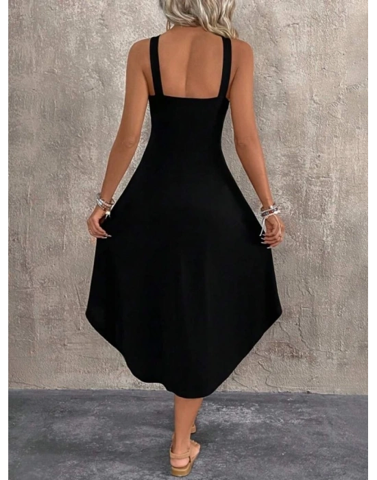 Kadın Boyundan çapraz Askılı Halka Detaylı Asimetrik Kesim Viskon Elbise