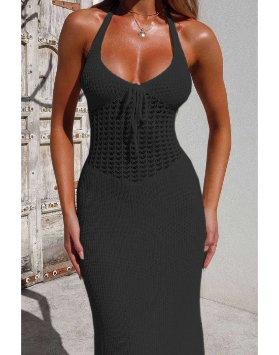 Kadın Boyundan Ve Sırttan Bağlamalı Dekolteli Triko Uzun Elbise